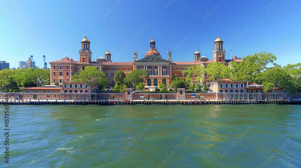 Fototapeta premium Ornate building with golden domes reflected in water under clear blue sky, green trees around