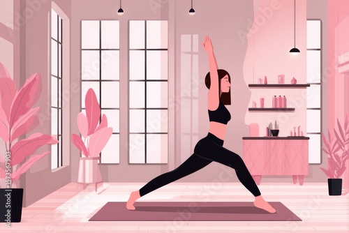 A serene woman practicing yoga in a room with soft pink walls, basking in the morning light. The flat vector art style adds a modern touch to this peaceful scene.