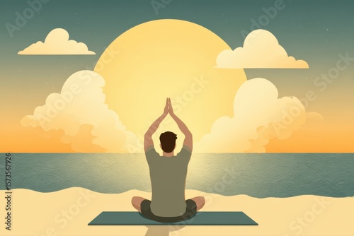 A serene man sitting in a meditative pose on a sandy beach, with the sun setting in the background creating a peaceful atmosphere.