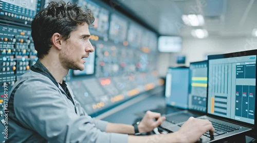 Wallpaper Mural A focused young man stares thoughtfully at the control panel, symbolizing innovation and the future of technology. His expression reflects determination and curiosity. Torontodigital.ca