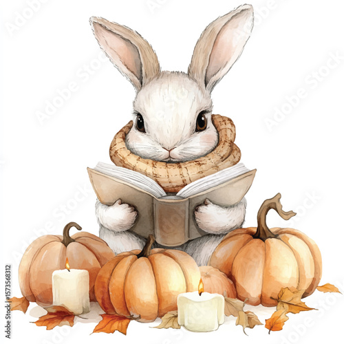 Cozy Autumn Rabbit Reading Amidst Pumpkins and Candles