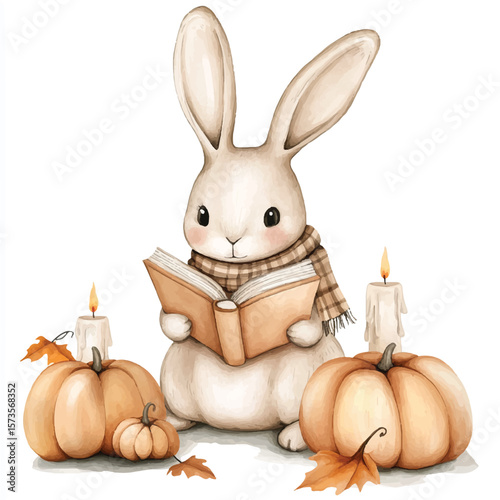 Cozy Autumn Rabbit Reading Book by Candlelight