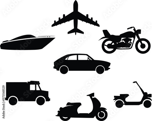 Collection of black silhouette icons representing various modes of transportation on a white background