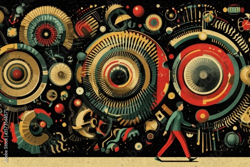 A man walking through a vibrant tunnel filled with colorful objects, creating a whimsical and surreal atmosphere.