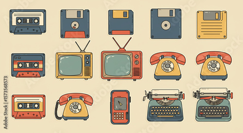 Retro technology devices vector illustration: cassette tapes, floppy disks, tv, phone, typewriter, smartphone on transparent background