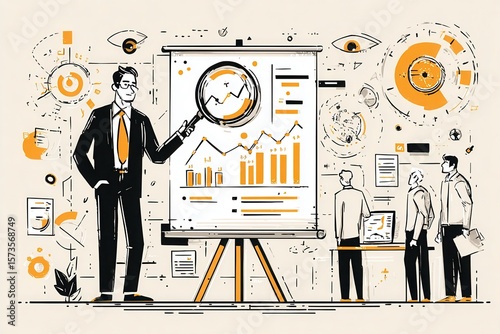A professional man wearing a suit and tie is standing in front of a whiteboard displaying a chart, possibly giving a presentation or discussing business strategies.