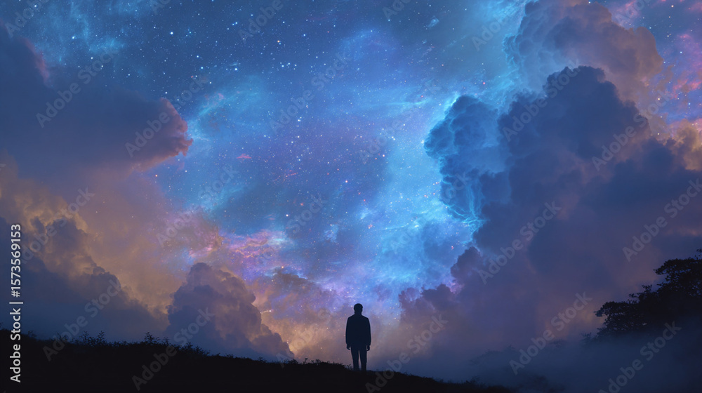 Fototapeta premium Mystical Silhouette Within a Dreamy Cosmic Cloudscape, Generative AI 