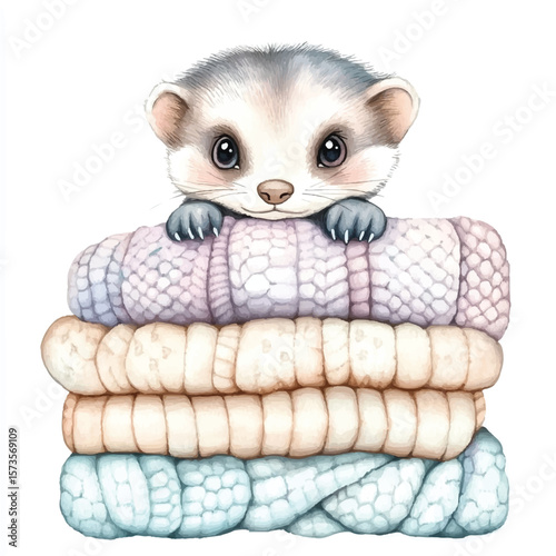 Cozy Ferret Nestled Among Soft Knitted Blankets