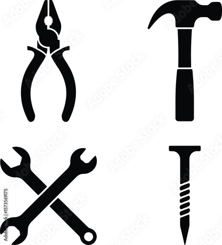 A collection of black silhouettes of common hand tools including pliers a hammer wrenches and a screw
