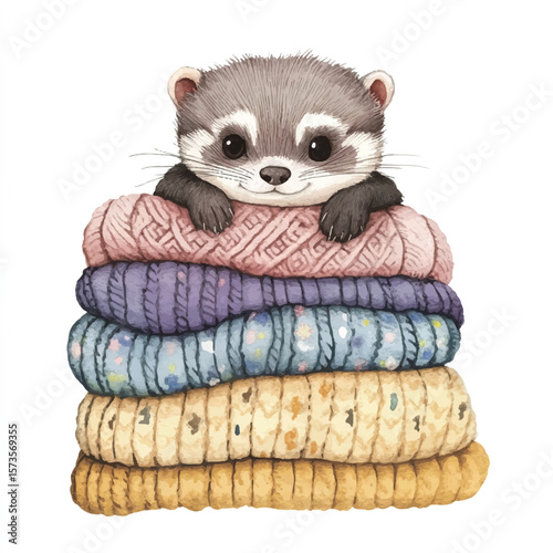 Cozy Ferret Nestled Among Colorful Knitted Blankets