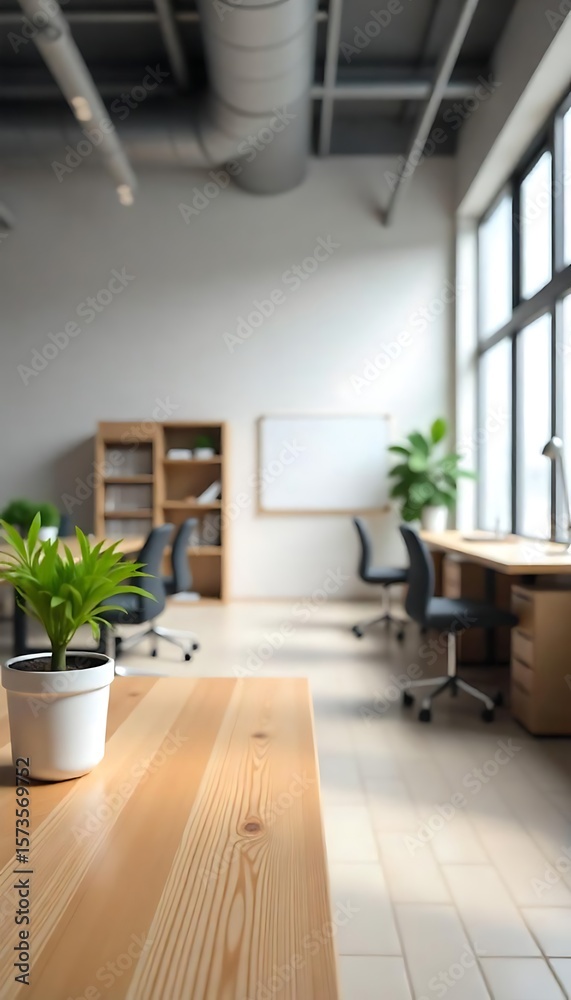 Fototapeta premium Generative AI Minimalist Office Interior with Blurred Desk and Plant View