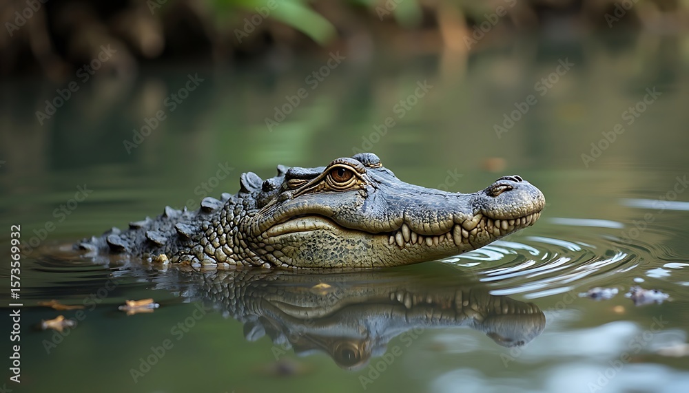 Fototapeta premium Alligator partially submerged in a shallow body of water. The alligator is looking to its right.