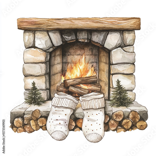 Cozy Fireplace Scene with Burning Fire Socks and Christmas Trees