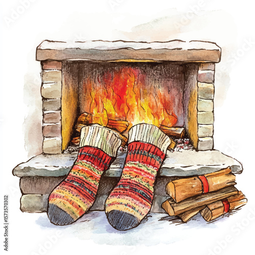 Cozy Fireplace Scene with Warm Socks and Burning Firewood Illustration