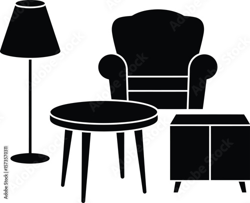 Minimalist black silhouette of a cozy armchair with a side table and floor lamp