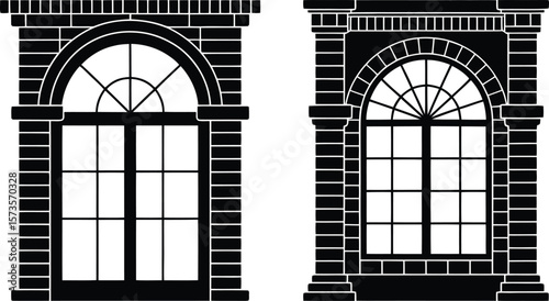 Two black silhouettes of arched windows with detailed brickwork and column surrounds