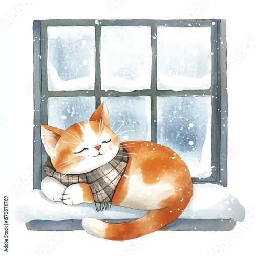 Cozy Orange Cat Sleeping Peacefully on Snowy Window Ledge Winter Scene