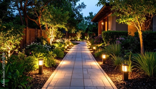 Garden path at night, lit by spotlights