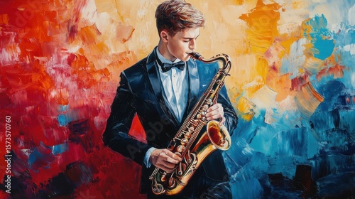 Elegant saxophone player with colorful backdrop evoking artistic symphony