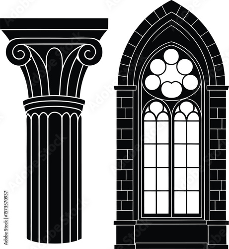 Gothic architectural elements featuring a column and a detailed arched window