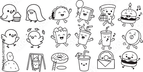 Cute Fast Food Characters in Fun Poses Black and White Line Art for Kids Coloring Book | Generative AI