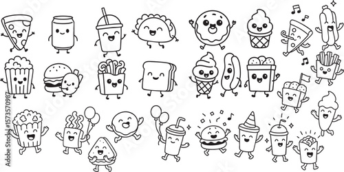 Cute Fast Food Characters in Fun Poses Black and White Line Art for Kids Coloring Book | Generative AI
