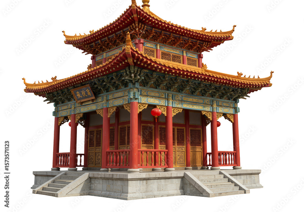 Fototapeta premium Isolated Pagoda Temple Building With Red and Gold Ornate Details