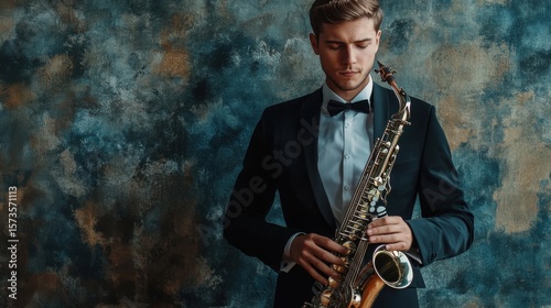 Portrait of elegant musician in tuxedo holding a saxophone in studio