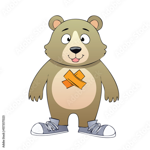 Cute cartoon bear sitting with a sad expression, soft brown fur, large paws, and a bandaged arm, white background, emotional and heartwarming character design, children’s hospital mascot style, digita