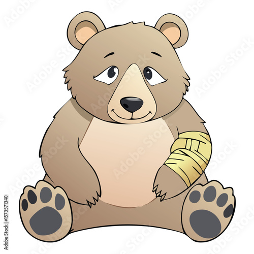 Cute cartoon bear sitting with a sad expression, soft brown fur, large paws, and a bandaged arm, white background, emotional and heartwarming character design, children’s hospital mascot style, digita