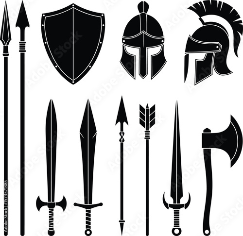Collection of ancient warrior weapons and armor including spears swords helmets and a shield