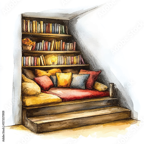Cozy Staircase Nook with Bookshelves Pillows and Warm Lighting