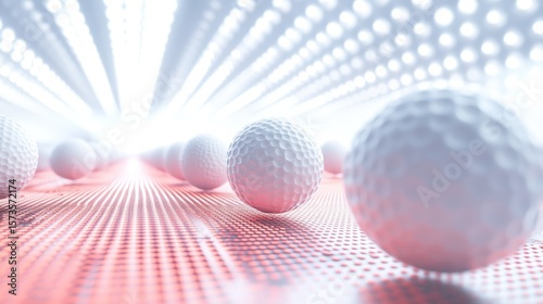 White golf balls line a path on a coral-colored surface.  Bright lights above