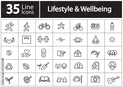 Collection of 35 line icons depicting various lifestyle and wellbeing concepts such as fitness, nutrition, and mental health in a clean design.
