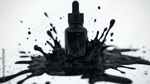 Black serum bottle in a dramatic splash