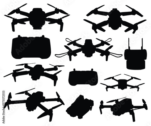Drone camera icons, aerial quadcopters vehicles silhouette symbols. Modern unmanned flying drones army military. Aerial quadcopters modern technology. Wireless aircraft with remote tablet controls.