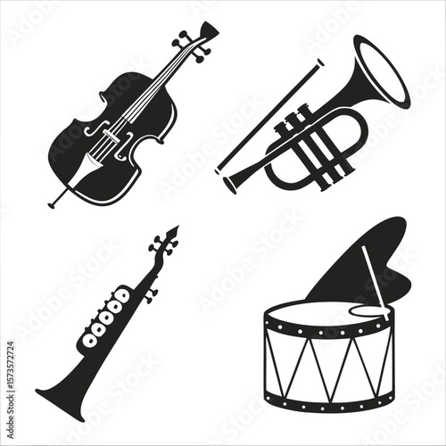 Black silhouettes of musical instruments on white violin trumpet