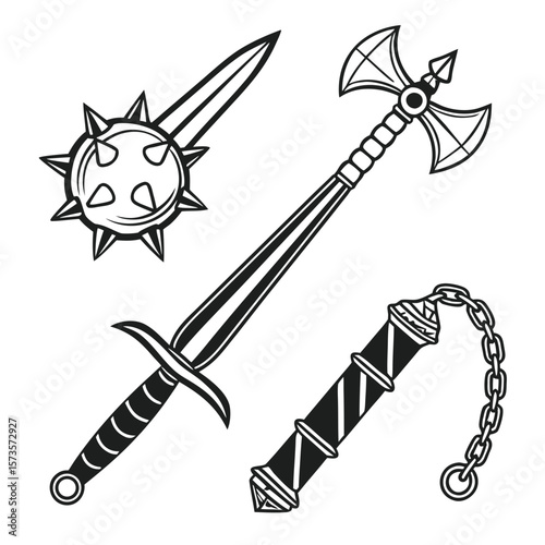 Medieval weapons collection spiked mace battle axe sword flail vector