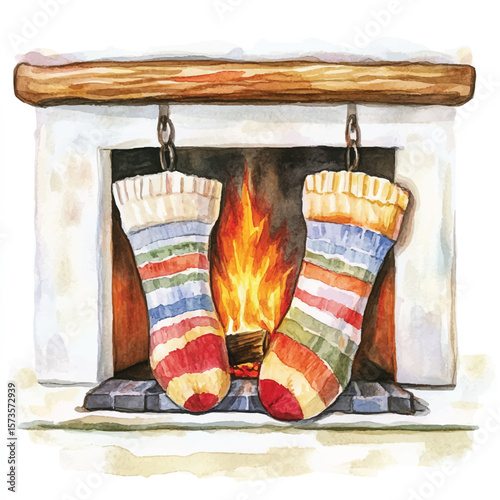 Cozy Watercolor Fireplace Scene with Striped Socks and Warm Flames