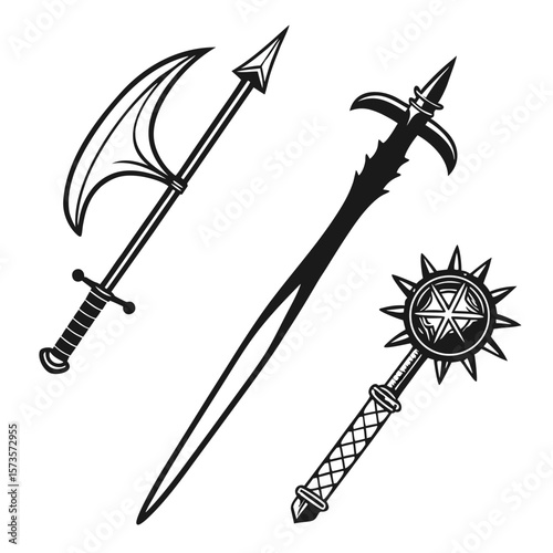 Medieval weapons halberd sword mace battle axe