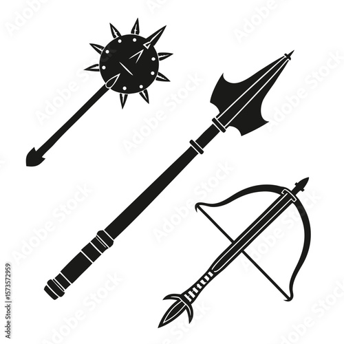 Medieval weapons mace spear crossbow silhouette spiked ball arrowhead