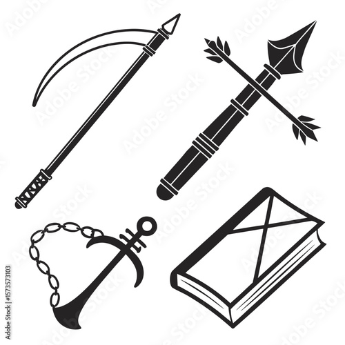 Scythe arrow anchor book symbols sickle weapon