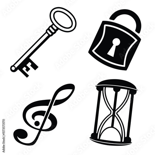 Vintage key lock treble clef hourglass icons music
