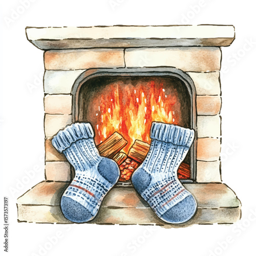 Cozy Watercolor Fireplace with Burning Flames and Knitted Socks