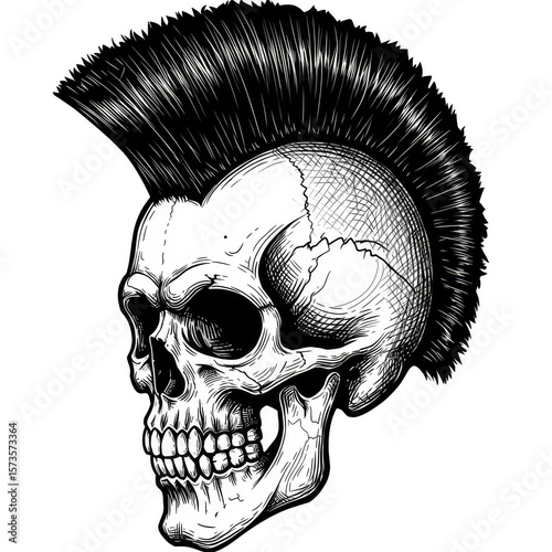 Illustration Of Skull With Mohawk Hairstyle In Black And White Drawing
