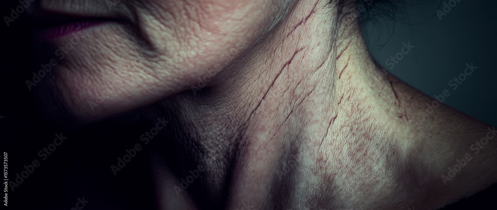 Fototapeta premium Aging Skin: Close-up of a person's neck and shoulder showcasing wrinkled, textured skin in dim lighting, highlighting the effects of time.