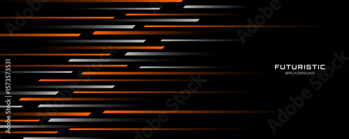 Techno abstract background on dark space with orange white lines decoration. High speed with stripes style. Modern graphic design element moving concept for web banner, flyer, card, or brochure cover
