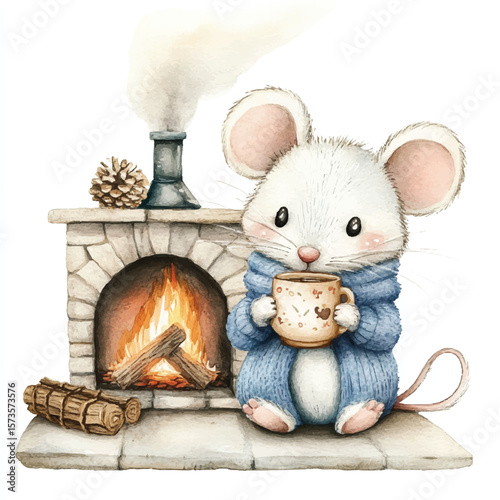 Cozy Watercolor Mouse by Fireplace with Hot Drink