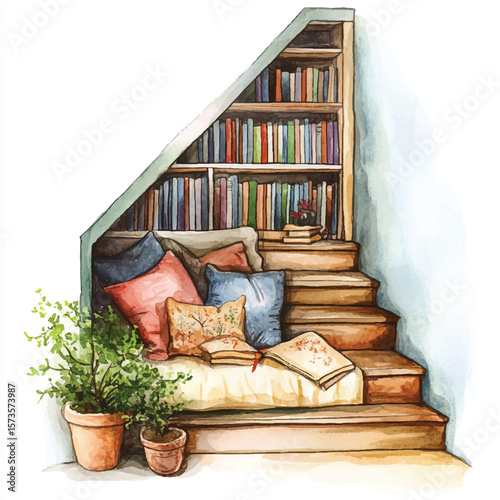 Cozy Watercolor Reading Nook with Bookshelf Pillows Plants and Open Book