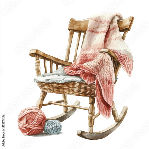Cozy Watercolor Rocking Chair with Pink Blanket and Yarn Balls